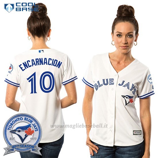 Maglia Baseball Donna Toronto Blue Jays Edwin Encarnacion 10 Bianco Cool Base 40 Anniversario
